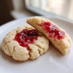 Two strawberry cheesecake cookies on a white plate, one broken open showing the bright red strawberry filling.
