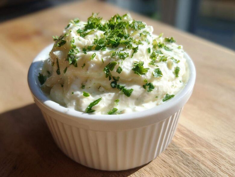 A close-up of creamy, homemade tartar sauce recipe topped generously with fresh chopped parsley, served in a white ramekin.