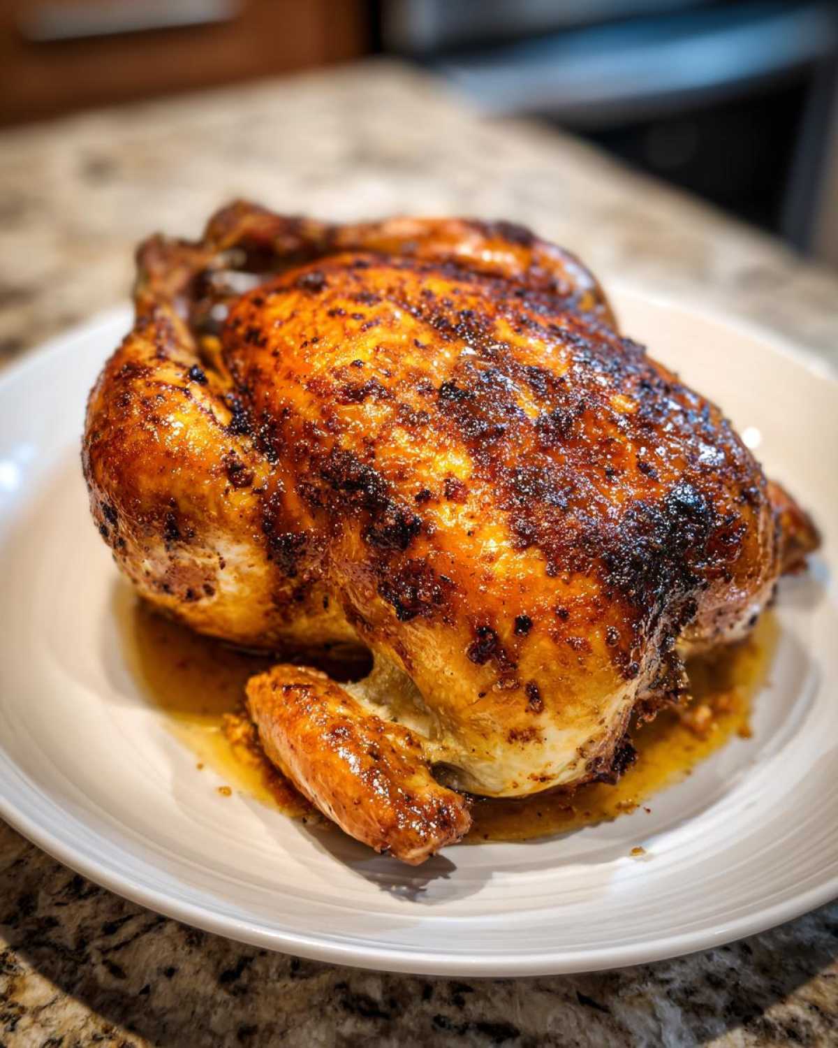 A whole roasted chicken with crispy, browned skin resting on a white plate, fresh from the air fryer.