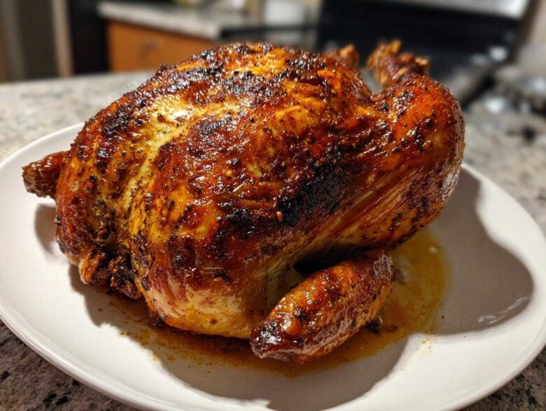 A whole roasted chicken with crispy, seasoned skin resting on a white plate, made using an air fryer whole chicken recipe.