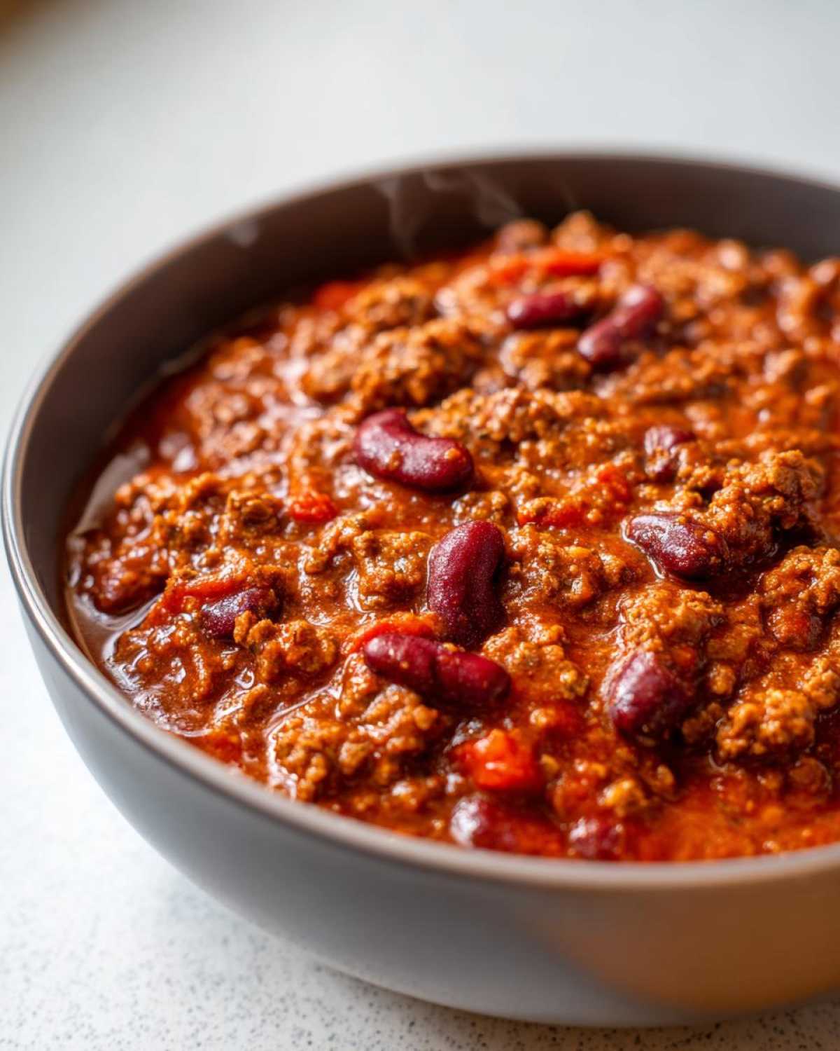Close-up of a steaming bowl of rich, hearty chili loaded with ground meat and kidney beans.