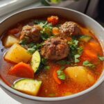Close-up of a bowl of rich, red albondigas soup filled with meatballs, potatoes, carrots, zucchini, and cilantro.