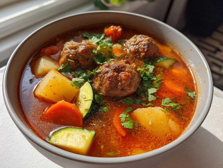 Close-up of a bowl of rich, red albondigas soup filled with meatballs, potatoes, carrots, zucchini, and cilantro.