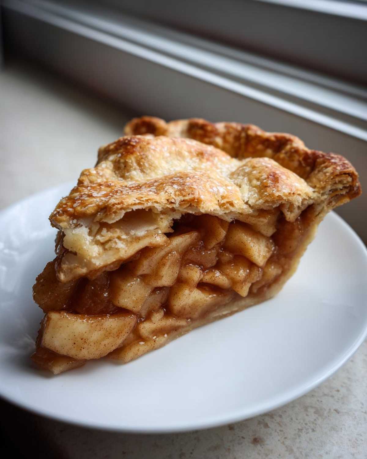 A close-up of a thick slice of amazing apple pie showing flaky crust and rich cinnamon apple filling.