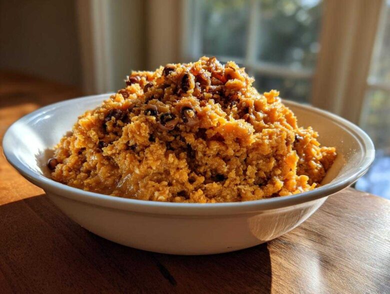 A white bowl filled with mashed, savory orange-colored black eyed peas mixture, served on a wooden surface.