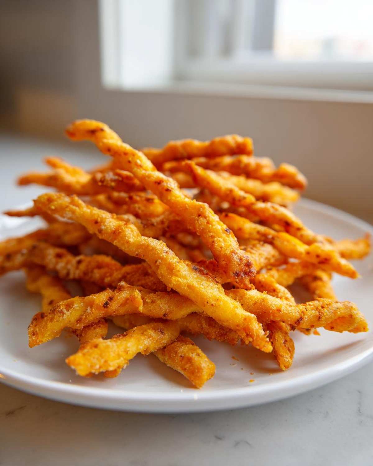 A pile of freshly baked, golden-orange, twisted cheese straws stacked on a white plate.