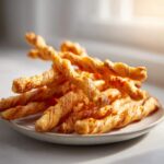 A close-up of a pile of golden brown, flaky, twisted cheese straws served on a small ceramic plate.