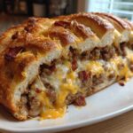 Cross-section of amazing garbage bread stuffed with seasoned ground meat, melted cheddar, and bacon pieces.