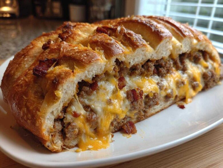 Cross-section of amazing garbage bread stuffed with seasoned ground meat, melted cheddar, and bacon pieces.