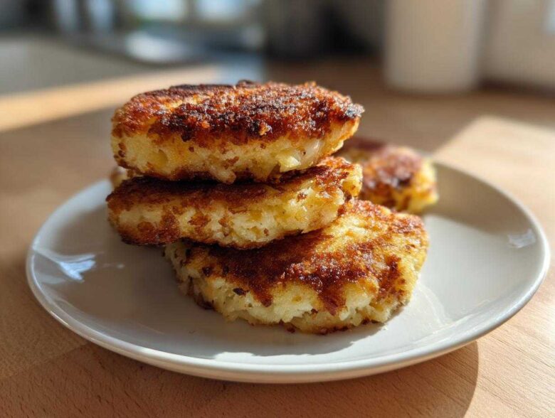 A stack of three golden-brown, pan-fried mashed potato cakes on a white plate.
