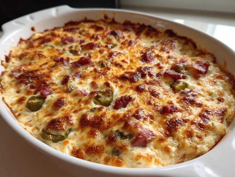 A close-up of a baked popper dip in a white oval dish, featuring melted, browned cheese, bacon pieces, and jalapeƱo slices.