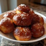 A white bowl piled high with golden brown, shiny pretzel bites topped with coarse salt.