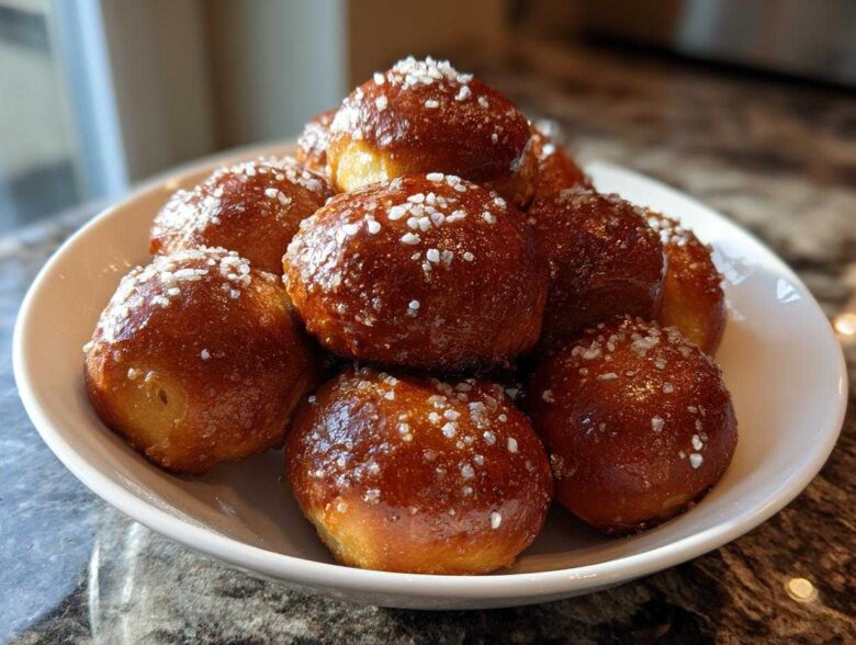A white bowl piled high with golden brown, shiny pretzel bites topped with coarse salt.