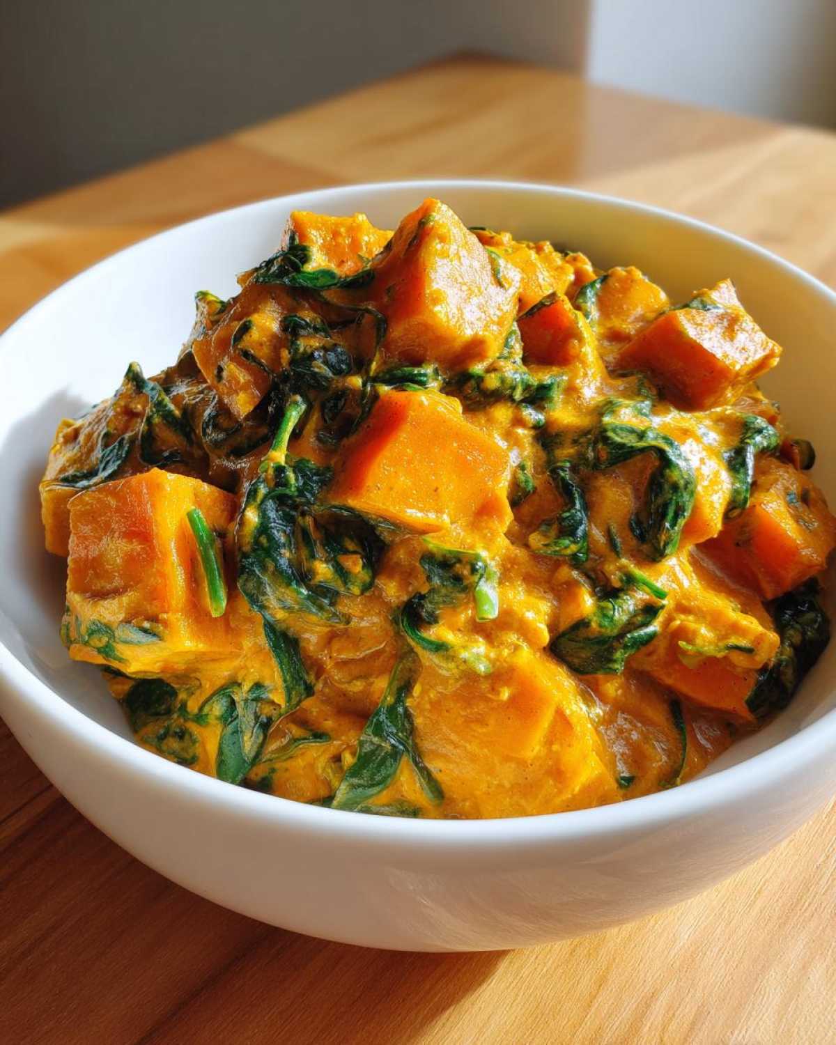 A white bowl filled with vibrant orange pumpkin curry mixed with wilted green spinach leaves.