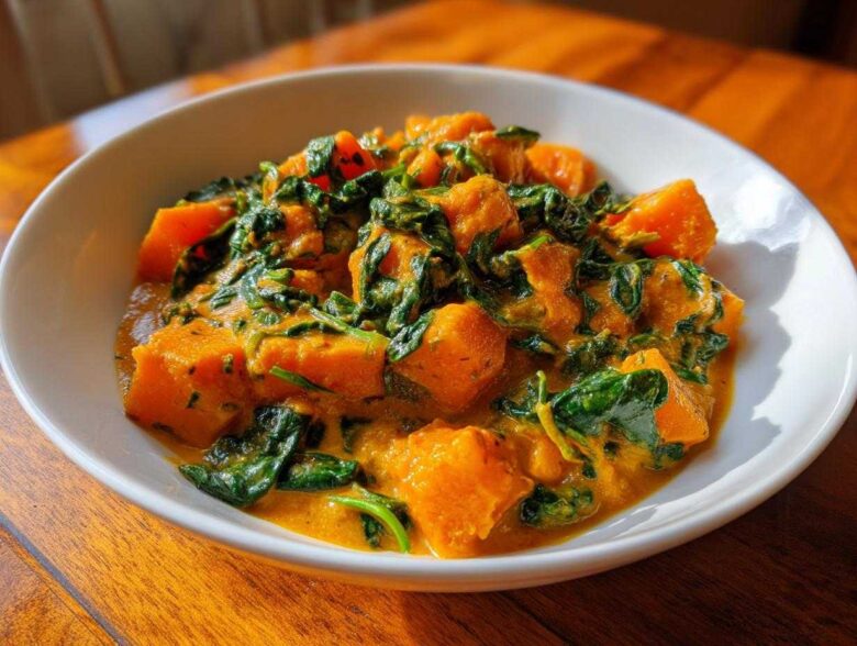 Close-up of a white bowl filled with vibrant orange pumpkin curry mixed with dark green wilted spinach.