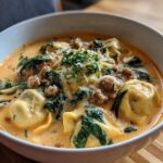 A close-up of a white bowl filled with creamy, orange-hued ravioli soup featuring tortellini, crumbled sausage, wilted spinach, and fresh parsley garnish.