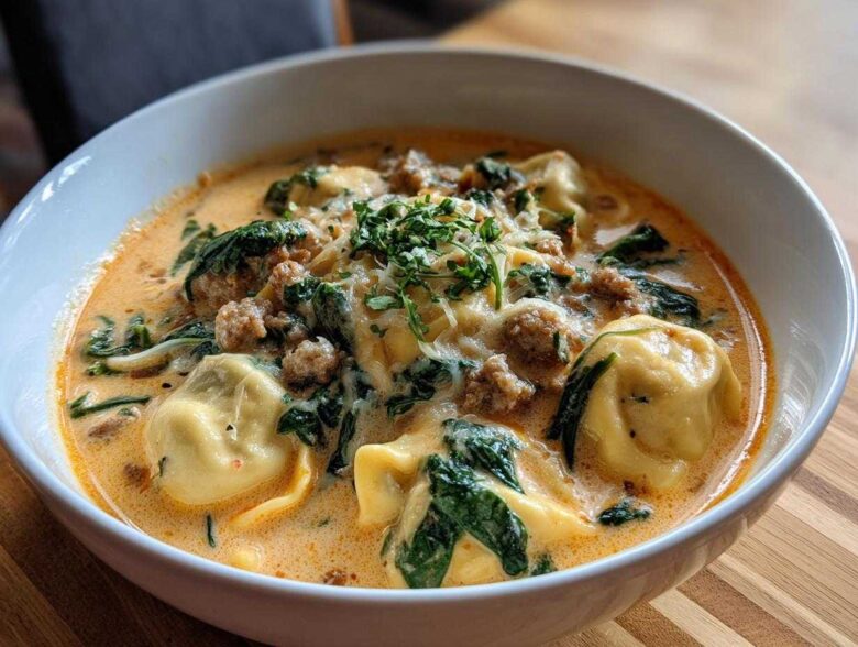 A close-up of a white bowl filled with creamy, orange-hued ravioli soup featuring tortellini, crumbled sausage, wilted spinach, and fresh parsley garnish.