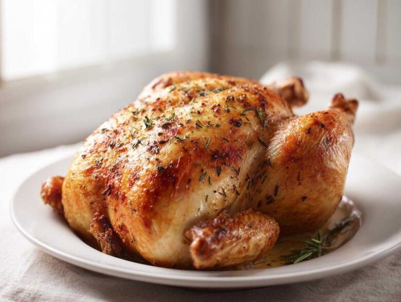 A whole, golden-brown roasted chicken seasoned with herbs resting on a white plate with pan juices.