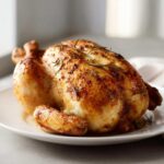 A whole, beautifully browned roasted chicken seasoned with fresh rosemary sprigs, resting on a white plate.