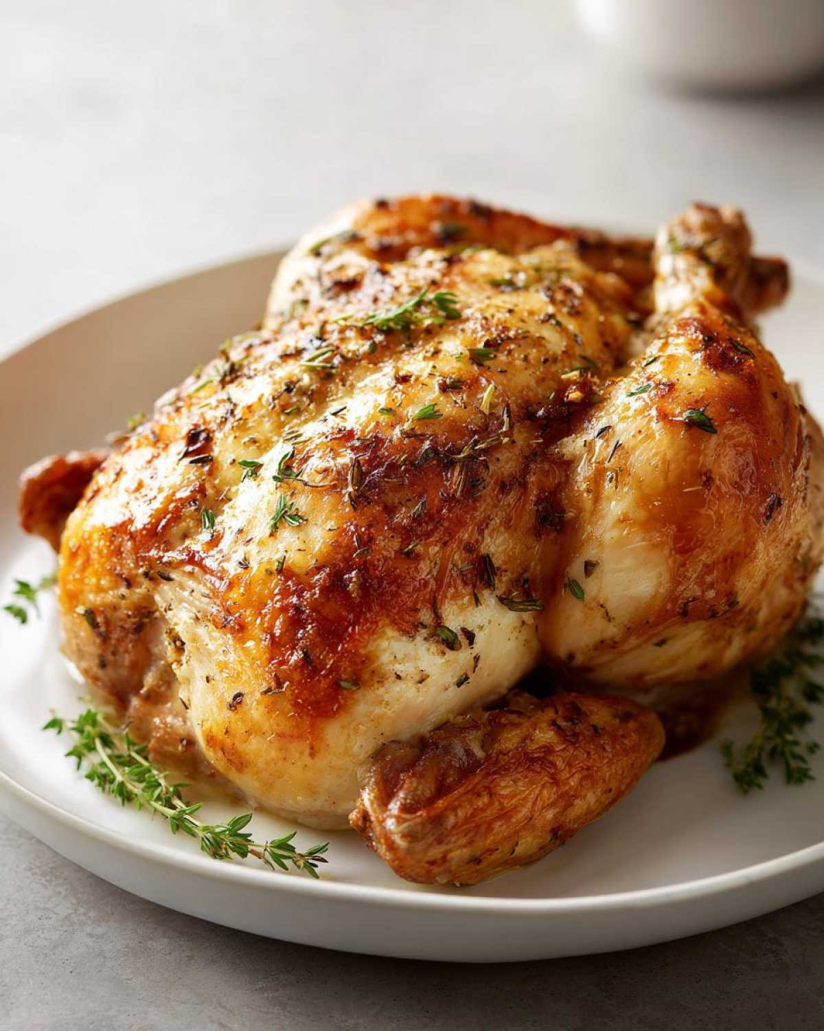 A beautifully golden brown roasted chicken seasoned with herbs, resting on a white plate.