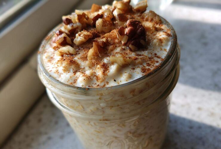 Close-up of creamy apple cinnamon overnight oats topped with chopped walnuts and cinnamon.