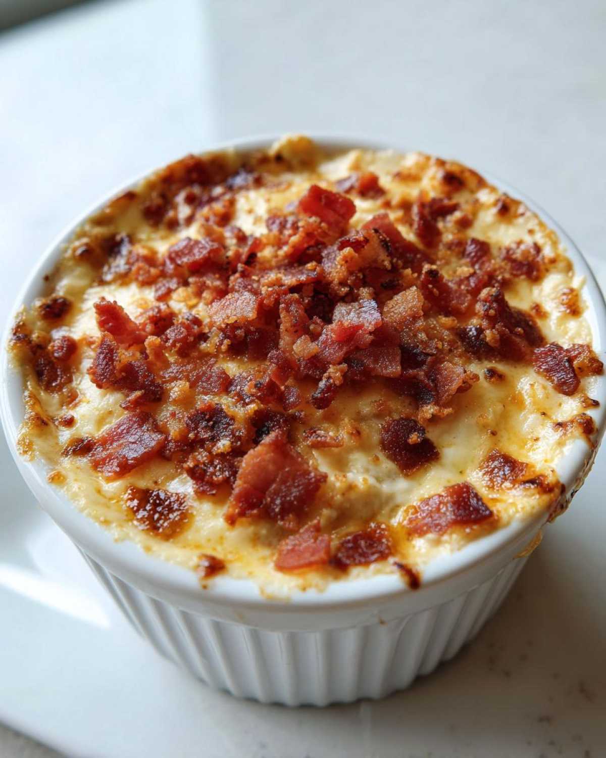 Close-up of hot, baked jalapeño popper dip topped generously with crispy bacon bits in a white ramekin.