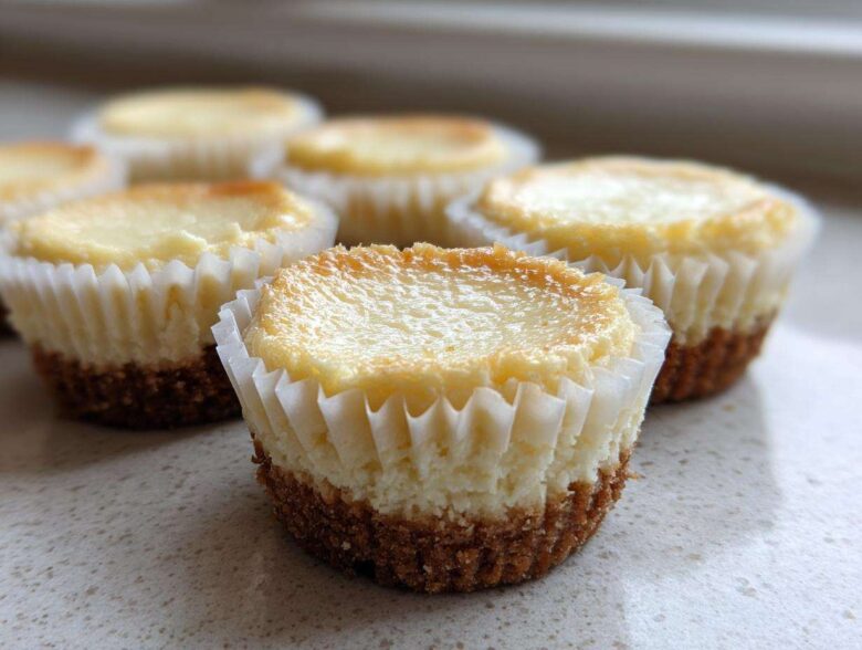 Several baked mini cheesecake bites with golden tops resting in white paper liners on a light countertop.