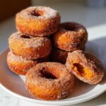 A stack of golden brown baked pumpkin donuts coated in cinnamon sugar, with one donut broken open.