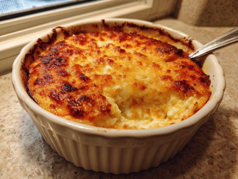 A close-up of a hot, bubbly stuffed mushroom dip in a white ramekin with a browned, cheesy top.