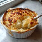 A close-up of creamy, baked stuffed mushroom dip with a golden, bubbly cheese crust being scooped with a spoon.