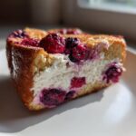 Close-up of a thick slice of stuffed french toast filled with cream cheese and mixed berries.