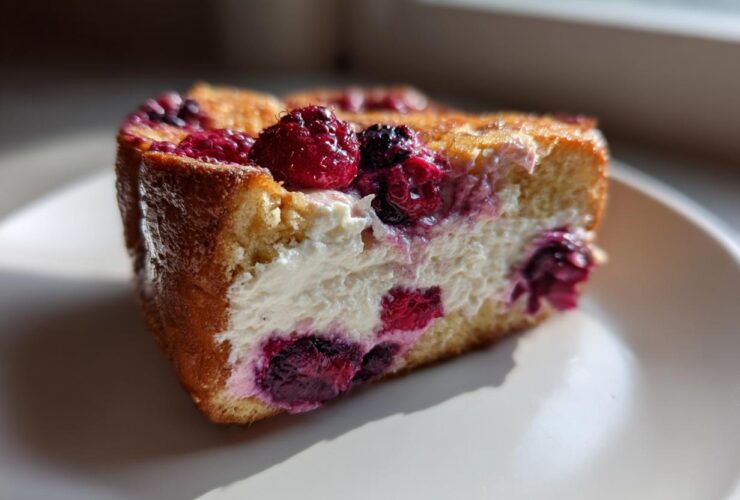 Close-up of a thick slice of stuffed french toast filled with cream cheese and mixed berries.