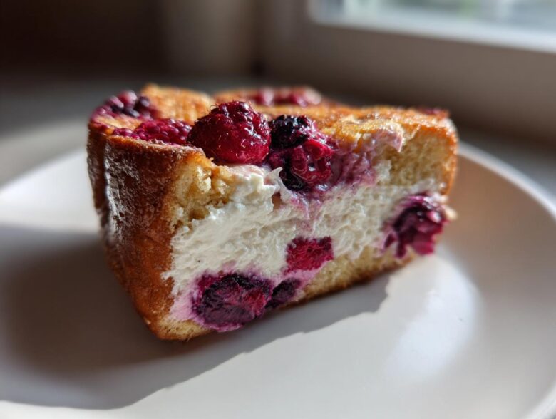 Close-up of a thick slice of stuffed french toast filled with cream cheese and mixed berries.