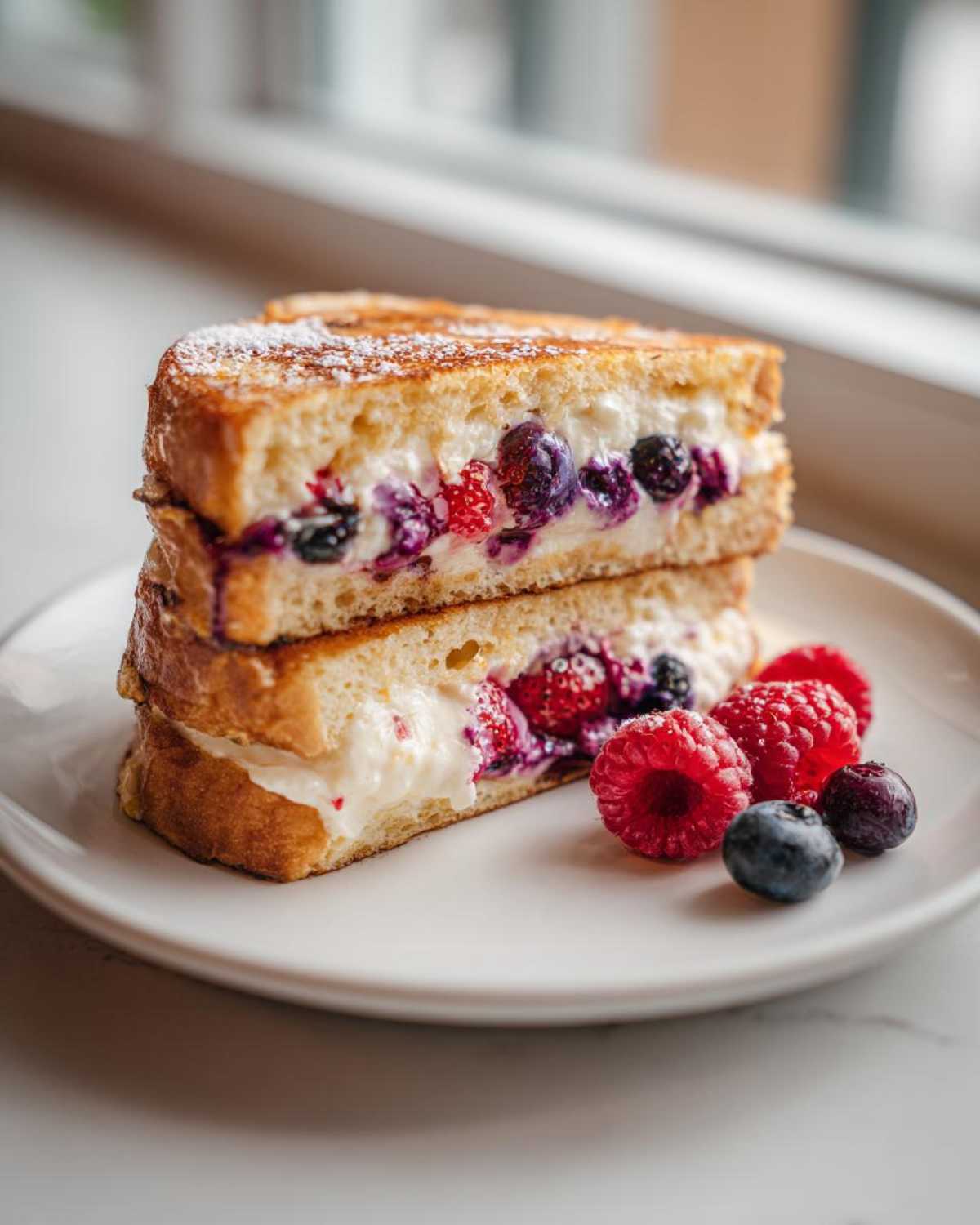 Two halves of berry stuffed french toast stacked, filled with cream cheese and mixed berries, served with fresh raspberries and blueberries.