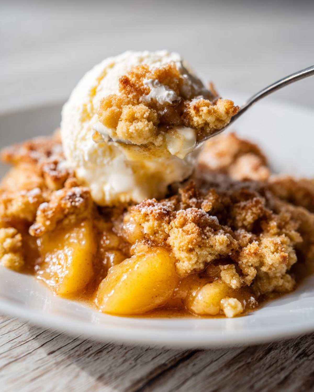 A spoonful of warm apple cobbler recipe topped with melting vanilla ice cream and powdered sugar.