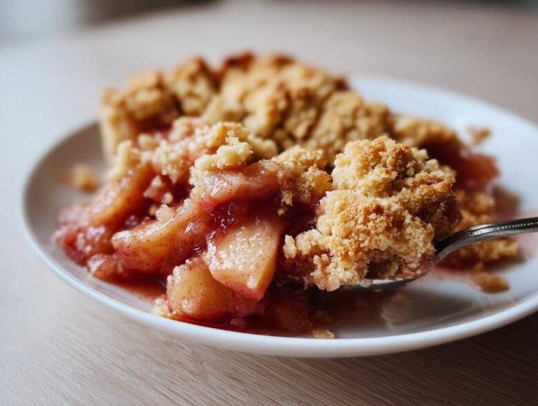 A spoonful of warm, gooey filling and crumbly topping from the best apple cobbler recipe being lifted from a white plate.