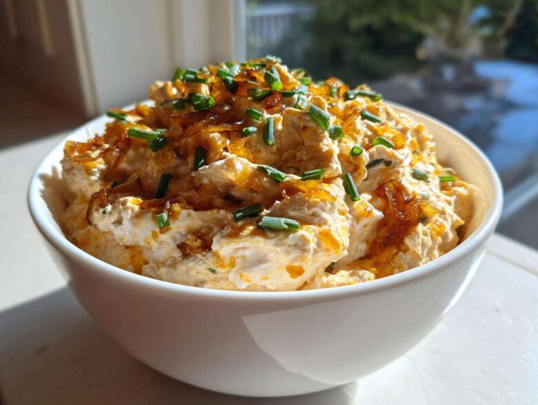 Creamy, rich caramelized onion dip topped with sweet onions and fresh chives in a white bowl.