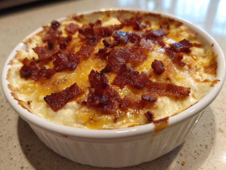 A close-up of a baked jalapeño popper dip in a white ramekin, topped with melted cheese and crispy bacon pieces.