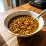 A close-up of a white bowl filled with hearty lentil soup featuring visible lentils, diced carrots, and celery.