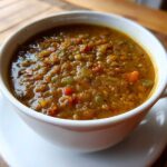 Close-up of a hearty, thick bowl of best lentil soup with visible vegetables served in a white mug.