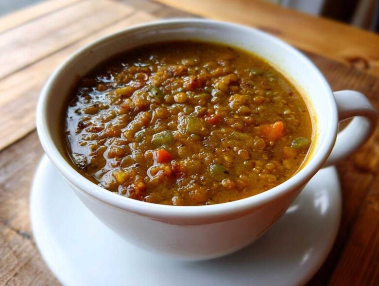 Close-up of a hearty, thick bowl of best lentil soup with visible vegetables served in a white mug.