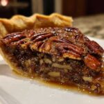 A close-up, low-angle shot of a gooey slice of best pecan pie showing the rich filling and whole pecans on top.