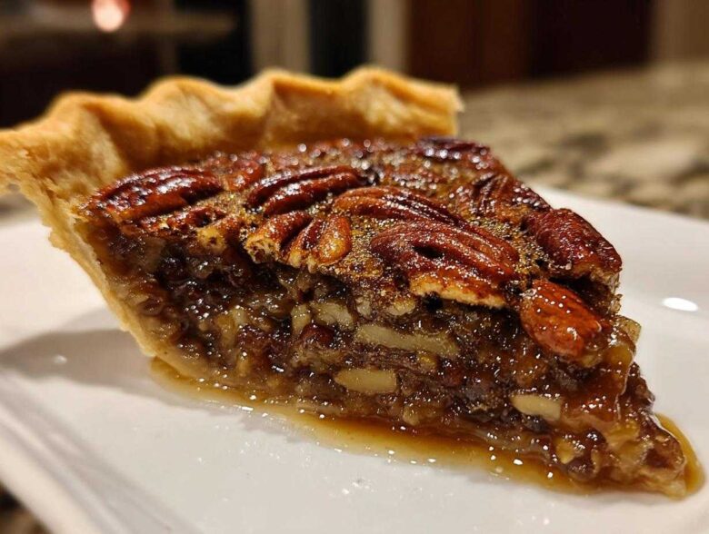 A close-up, low-angle shot of a gooey slice of best pecan pie showing the rich filling and whole pecans on top.
