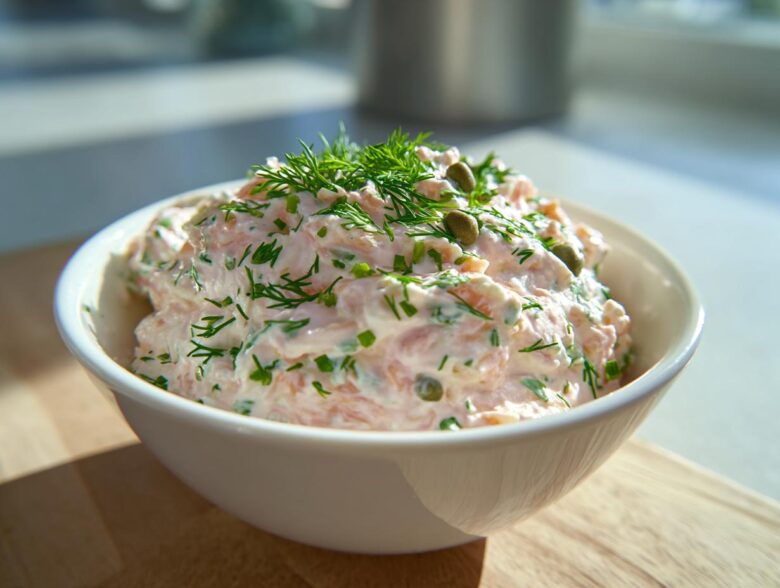 A close-up of a creamy smoked salmon dip topped with fresh dill and capers in a white bowl.