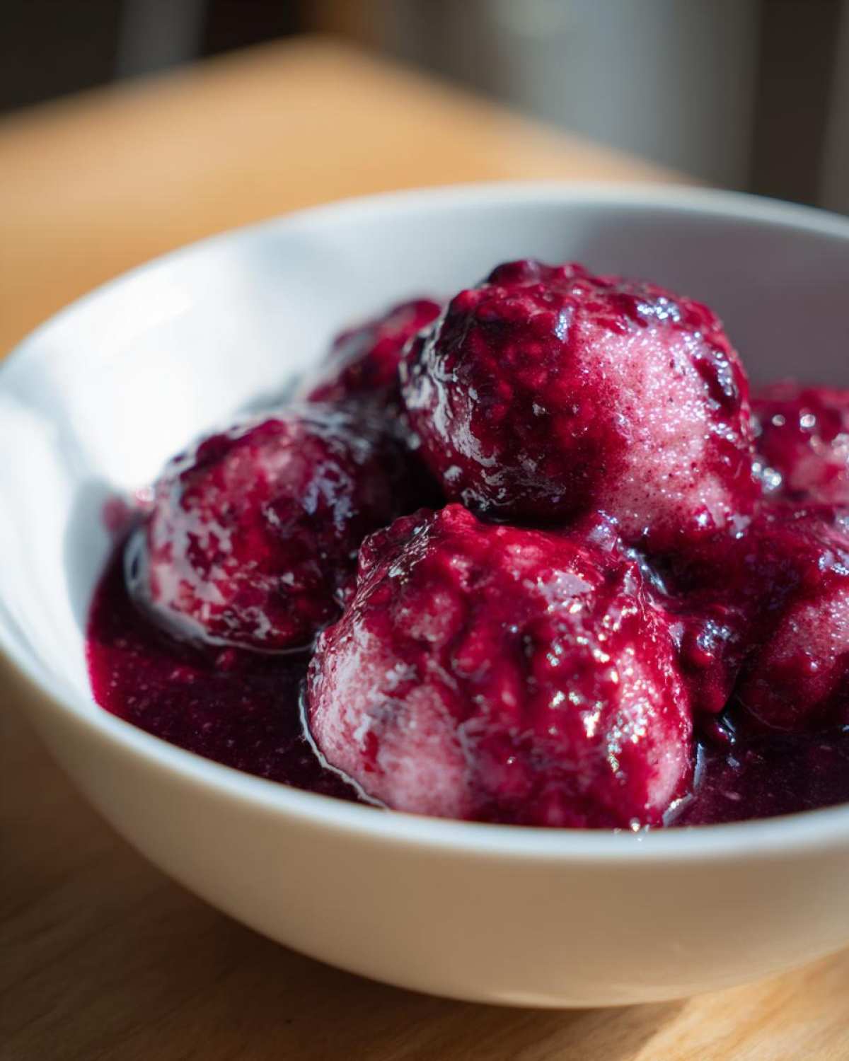 Close-up of plump, round Blackberry Dumplings soaking in a thick, vibrant purple blackberry sauce in a white bowl.