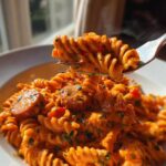 A fork lifts steaming rotini pasta coated in creamy sauce and slices of sausage from a bowl of cajun sausage pasta.