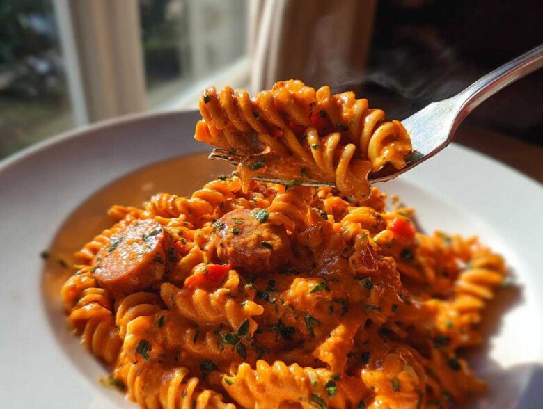 A fork lifts steaming rotini pasta coated in creamy sauce and slices of sausage from a bowl of cajun sausage pasta.
