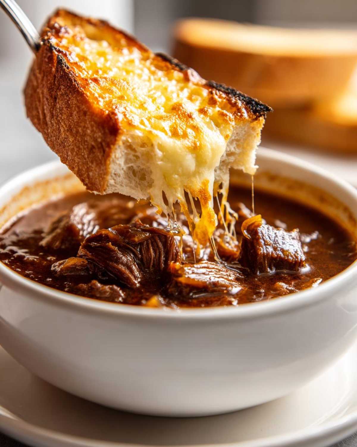 A piece of toasted, cheese-covered bread being dipped into a bowl of rich french onion beef stew.