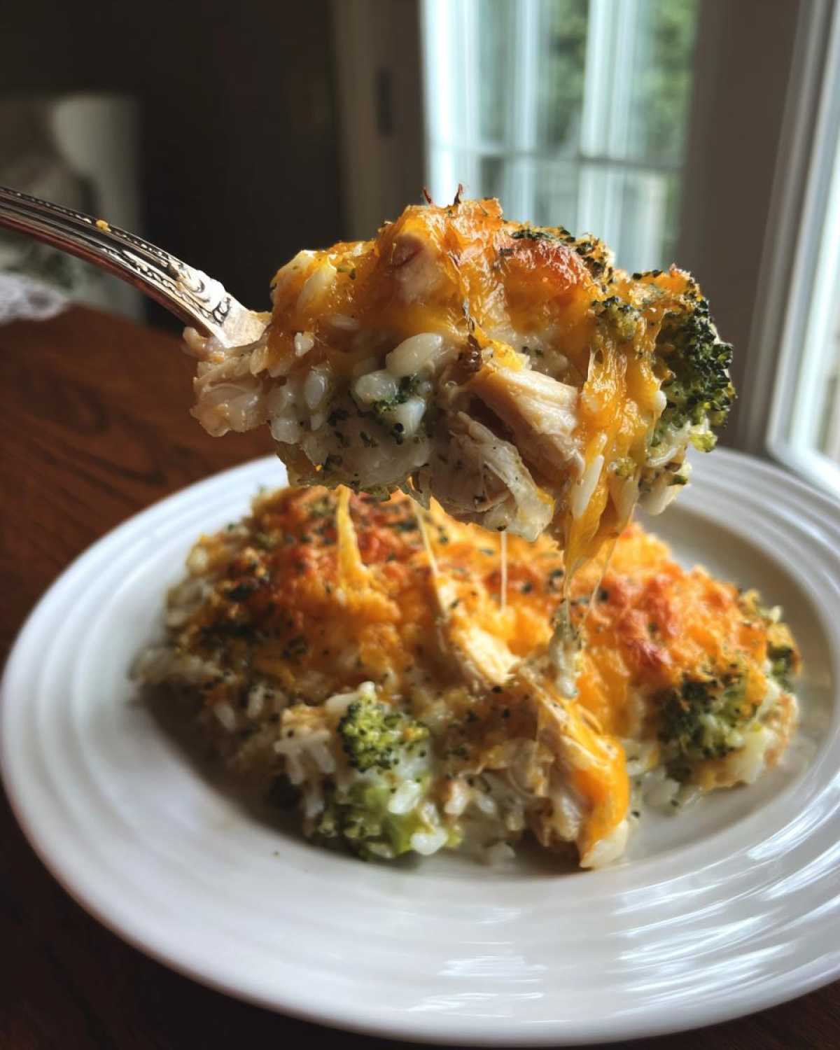 A fork lifting a cheesy, gooey portion of chicken broccoli rice casserole topped with melted cheddar.