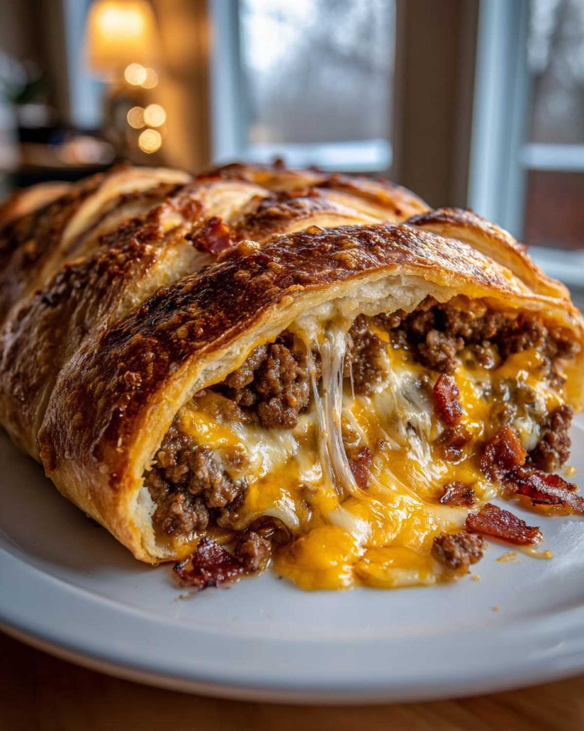 Close-up of a slice of garbage bread showing ground meat, bacon, and melted cheese stretching out.